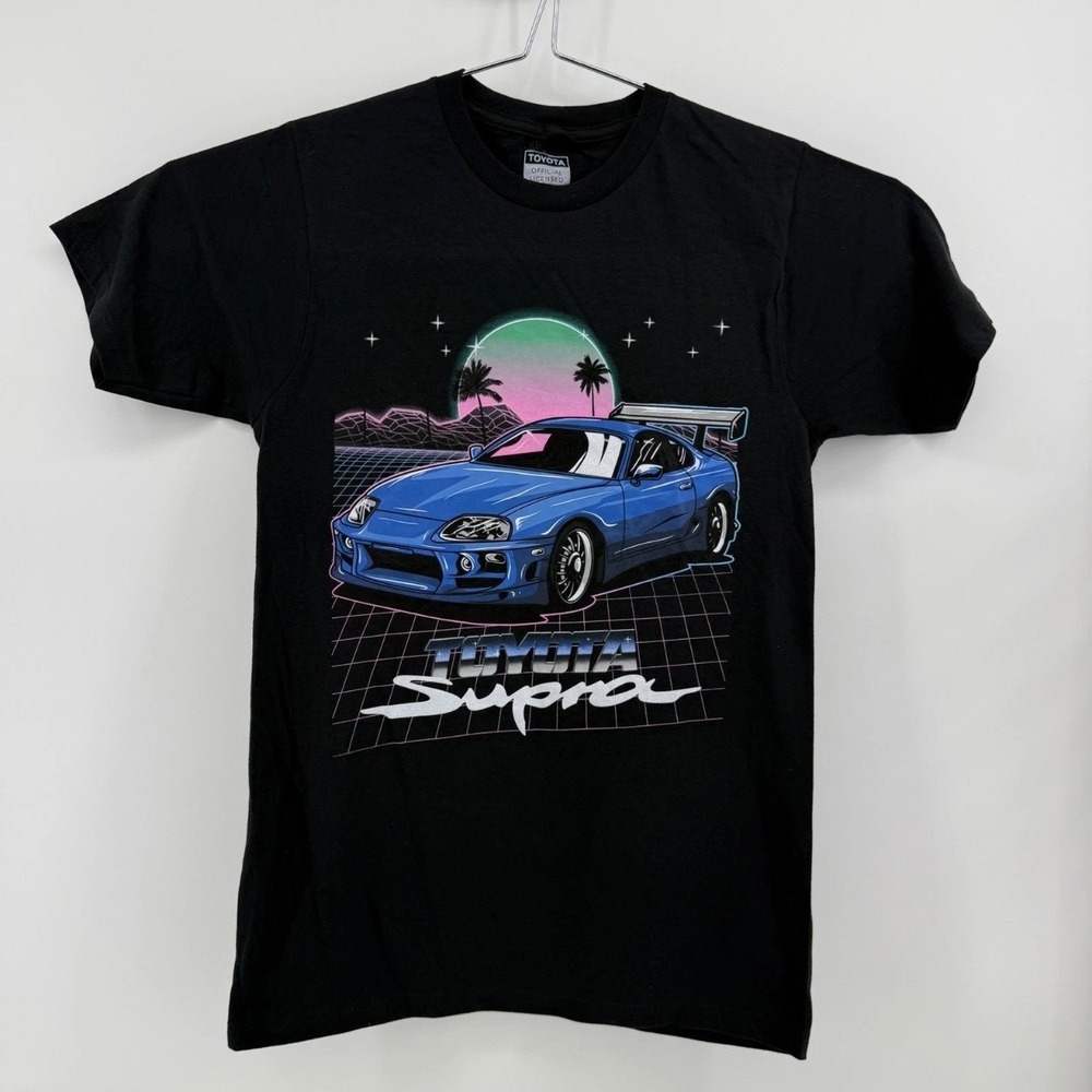Toyota Supra T-Shirt Mens Small Graphic Synthwave 100% Cotton Black Solid